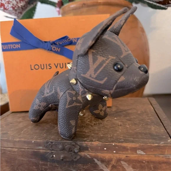 Up cycled from LV leather Monogram Dog Charm with Gold Chain - Picture 4 of 6